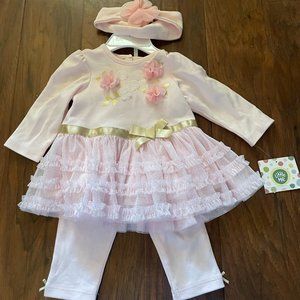 Little Me 9month Dress and Leggings Set with Matching Headband